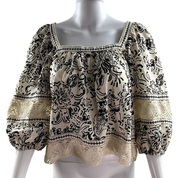 Christian Siriano Tops - NWT Christian Siriano Linen Blend Boho Cream Black Peasant Crochet Crop Top S
